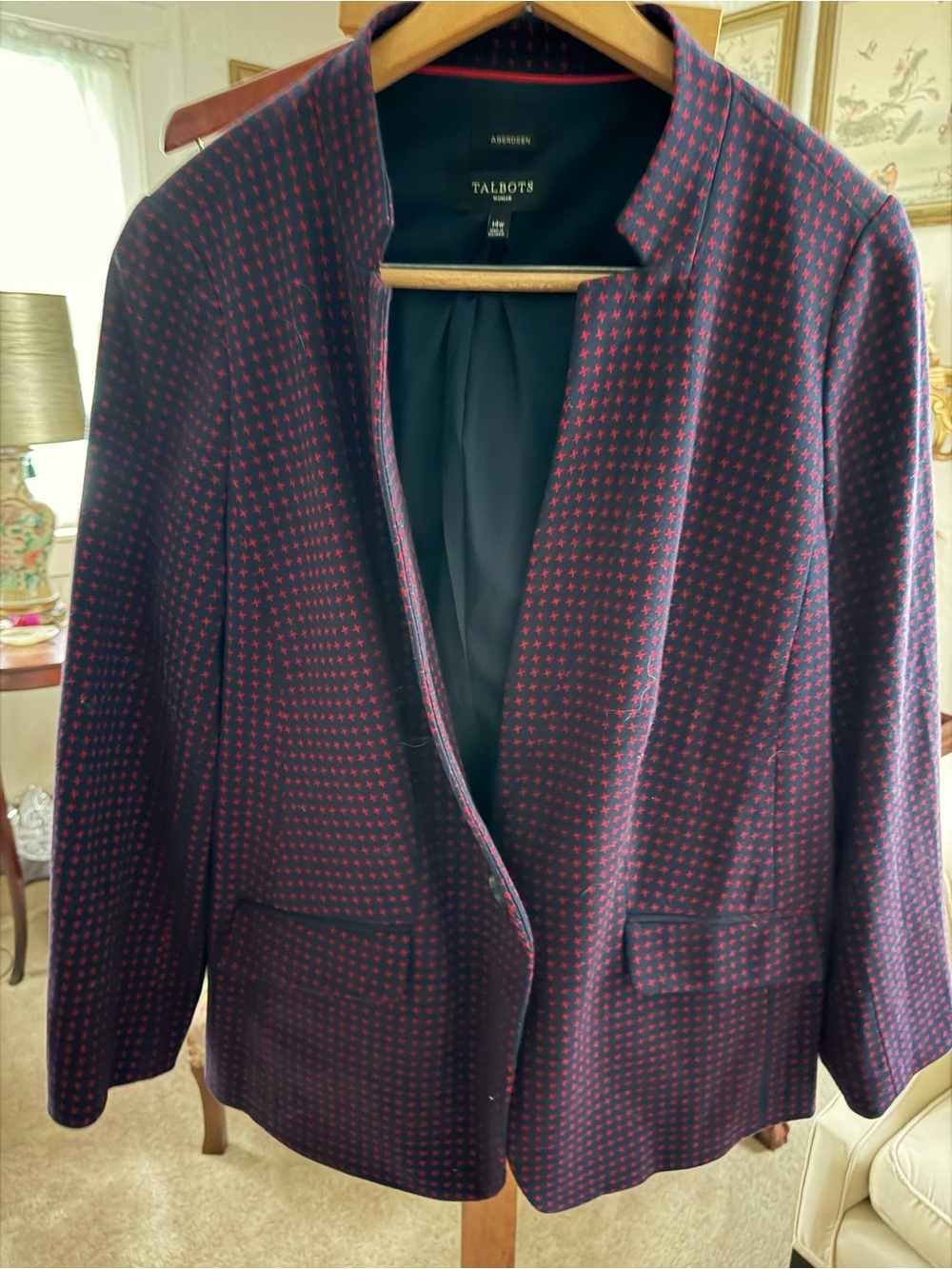 Talbots Aberdeen Knit Blazer Jacket Navy Red Geometric Plus Size 14W MSRP $169